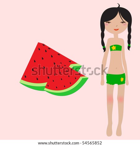 Vector Illustration of funny summer background  with the little girl and water melon.