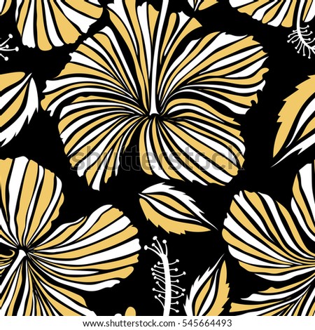 Hibiscus in white and yellow colors on a black background. Aloha hawaiian shirt seamless pattern.
