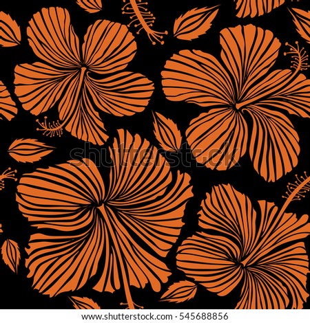 Vector hibiscus in orange colors on a black background. Seamless pattern with tropical flowers in watercolor style.