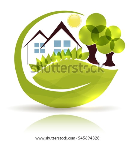 Beautiful house and garden in the leaf shape, green garden and trees with glow.