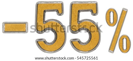 Percent off. Discount. Minus 55, fifty five,  percent. Metal numeral, isolated on white background