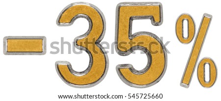 Percent off. Discount. Minus 35, thirty five,  percent. Metal numeral, isolated on white background