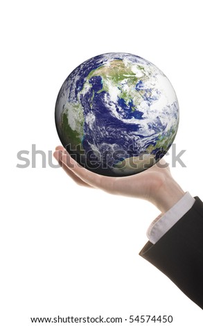 business man holding earth isolated on white background