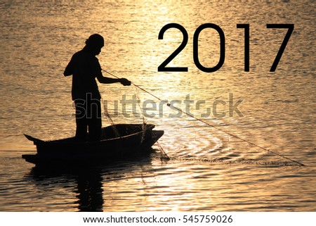 Silhouette fishermen Happy  new year 2017