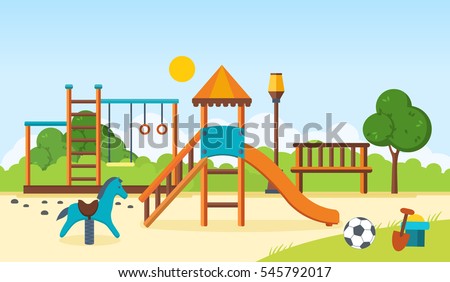 Concept illustration - kids playground, entertainment in the form of horizontal bars and swings, recreation park, children's toys. Vector illustration. Can be used as banners, commercial materials. Royalty-Free Stock Photo #545792017