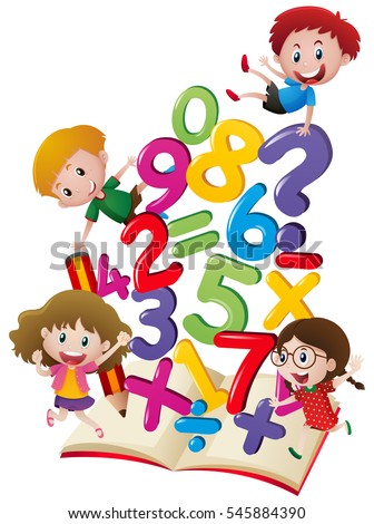 Many children with numbers in the book illustration