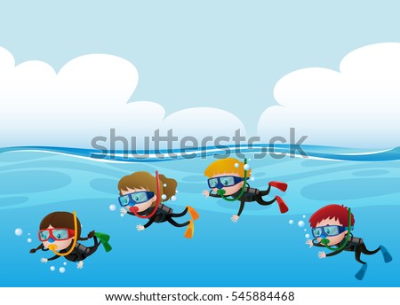 Four kids scuba diving under the ocean illustration