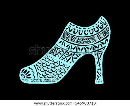 shoes doodle style. Hand drawn outline ornamental high heel shoe illustration. 
