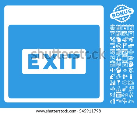 Exit Caption Calendar Page icon with bonus calendar and time management clip art. Glyph illustration style is flat iconic symbols, white, blue background.