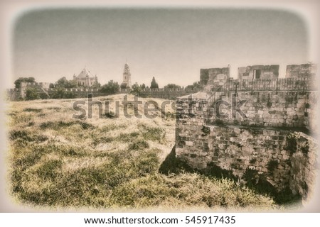 Dormition Abbey on Mount Zion in Jerusalem. Old City of Jerusalem, Israel. The green hill surrounded by the ramparts with the Dormition Abbey. Vintage Style Toned Picture 