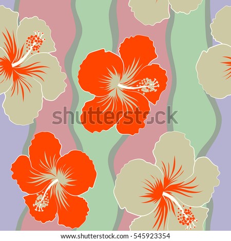 Elegant seamless pattern with decorative neutral and orange hibiscus flowers. Floral pattern for wedding invitations, greeting cards, scrapbooking, print, gift wrap, manufacturing fabric, textile.