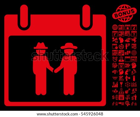 Gemtlemen Handshake Calendar Day icon with bonus calendar and time management clip art. Glyph illustration style is flat iconic symbols, red, black background.