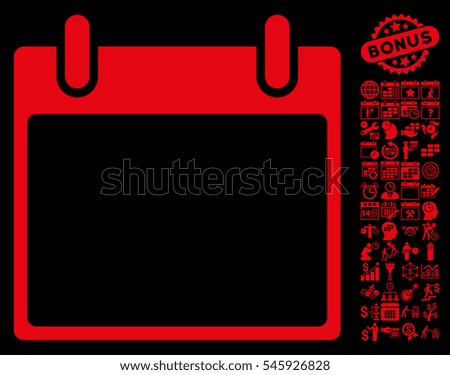 Empty Calendar Leaf pictograph with bonus calendar and time management clip art. Glyph illustration style is flat iconic symbols, red, black background.