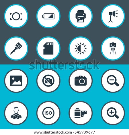 Set Of 16 Simple Photograph Icons. Can Be Found Such Elements As Light Level, Prohibited Camera, Rustication And Other.