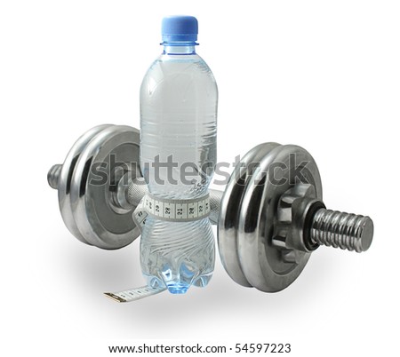 Bottle of water with a measuring tape around it and dumbbell