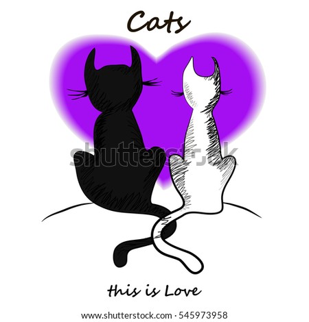 vector. cat lovers. Kitty couple today. A happy family. Love postcard. Elegant design. Purple Heart. Isolated. Cat silhouette of a couple in love. Black and white cats in love. Couple cats together