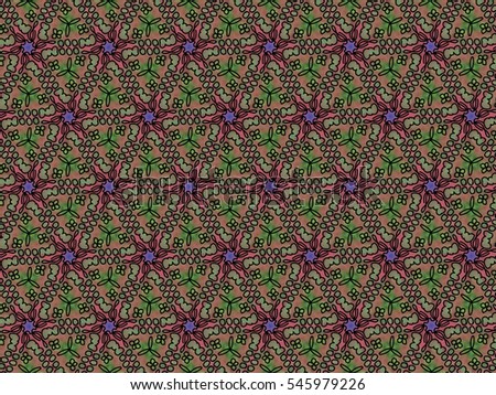 A hand drawing of pattern made of green, orange, purple.