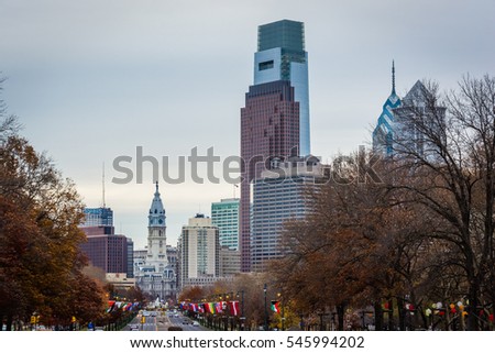 View of Benjamin Franklin Parkway, and buildings in Center City, in Philadelphia, Pennsylvania.