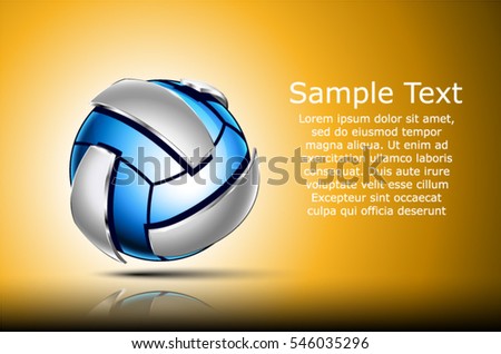 3d abstract logo of volleyball ball. Neon sphere with silver elements around outside . Yellow background. 