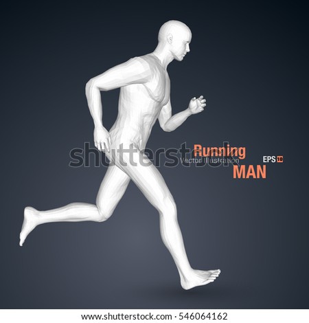 3d running man, white colored. Polygonal vector. Sport illustration