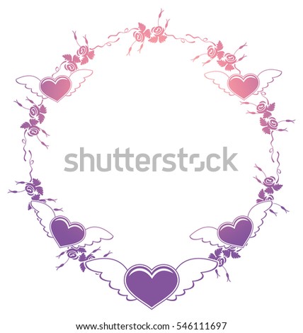 Valentine label with roses and flying hearts. Color gradient frame for advertisements, invitations or greeting cards. Raster clip art.