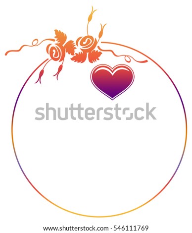 Valentine label with roses and heart. Color gradient frame with roses for advertisements, wedding invitations or greeting cards. Raster clip art.