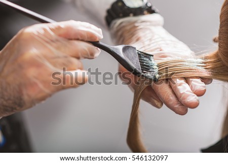 Hairdresser is dying female hair Royalty-Free Stock Photo #546132097