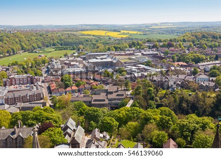 An aerial view of suburban Durham, in County Durham in north-east England. Royalty-Free Stock Photo #546139060