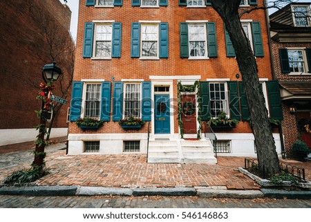 American Street and brick houses, in Society Hill, Philadelphia, Pennsylvania.