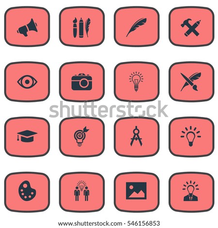 Set Of 16 Simple Creative Thinking Icons. Can Be Found Such Elements As Leader, Drawing Tool, Pencil And Other.