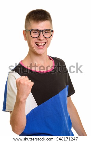 Young happy Caucasian nerd man smiling and looking motivated isolated against white background
