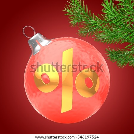 3d illustration of red Christmas ball over red background with golden percent sign and christmas tree branch