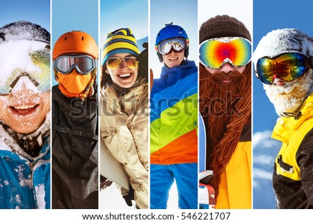Photo collage on ski theme with different happy snowboarders and skiers. Mosaic stripes portraits