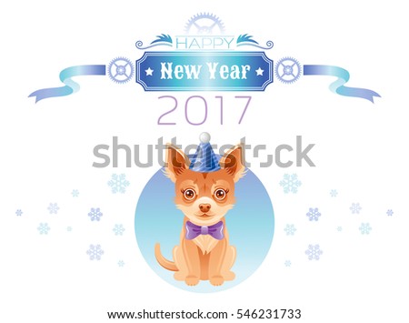 Happy New Year 2017 puppy chihuahua dog in party hat, tie bow. Greeting card, isolated on white background. Cute cartoon pet animal. Holiday template flyer design. Vector illustration.