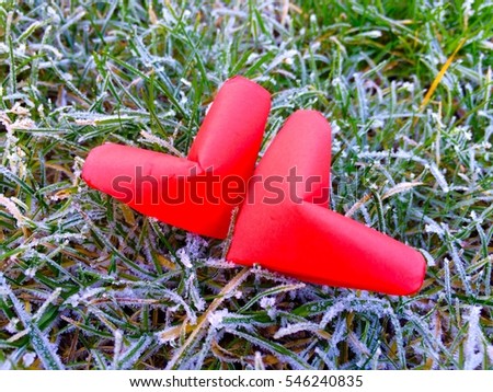 Red paper hearts Isolated on Frosty Green Grass background. You can use as Greeting Card for Valentines Day "Happy Birth Valentines Day'"