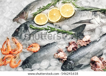 Frozen fish and seafood on ice Royalty-Free Stock Photo #546241618