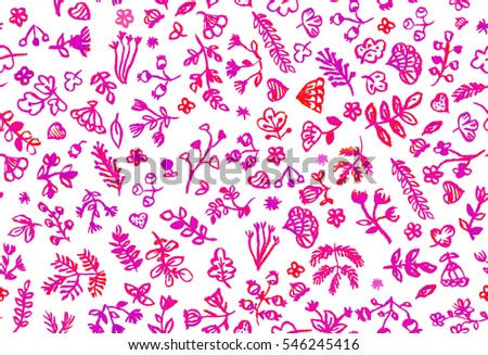 Hand drawn seamless pattern (tiling) with watercolor leaves, flowers, and branches. Isolated objects on a white background. Floral clip art 