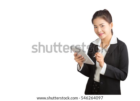 Young smiling asian executive business woman using computer tablet, on white background with copy space