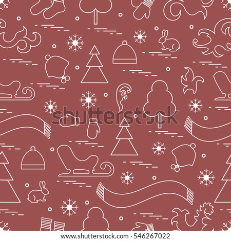 Seamless pattern with variety winter elements:  sleigh, tree, scarf, hat, mittens, socks and other. Design for banner, flyer, poster or print.