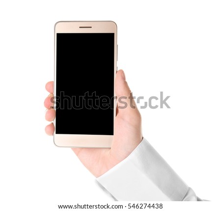 Male hand holding phone on white background