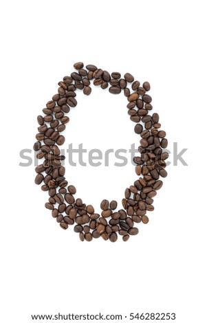 The number zero from roasted coffee beans. White background.