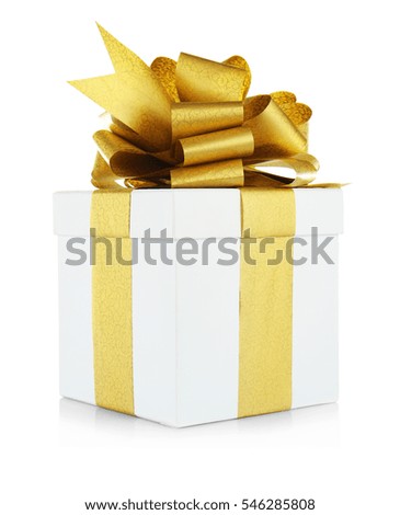 Gift box with ribbon bow on white background