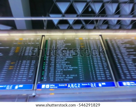 The blurry image of flight schedule board