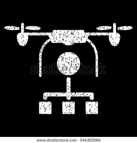 Drone Distribution grainy textured icon for overlay watermark stamps. Flat symbol with dust texture. Dotted vector white ink rubber seal stamp with grunge design on a black background.