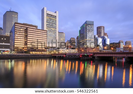 The skyline of Boston in Massachusetts, USA at sunrise showcasing its skyscrapers at the Financial District in the North End of the city.