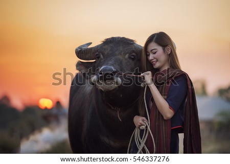 Woman with Buffalo in thailand,beautiful happy Asian girl smile and laugh together,Happy rural girl smiling in field,