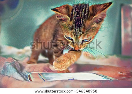 Digital illustration of kitten with smartphone. Kitty and personal gadget. Smartphone game for cat. Cute baby of domestic animal looks to telephone. Cat portrait. Domestic cat and modern technology