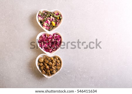 Assorted dried petals and herbs used for tea, perfumes, bath and cosmetics