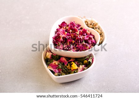 Assorted dried petals and herbs used for tea, perfumes, bath and cosmetics