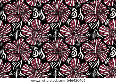 Best creative design for poster, flyer, presentation. Seamless pattern. Aloha Hawaii, Luau Party invitation on black background with hibiscus flowers in red and white colors. Aloha T-Shirt design.